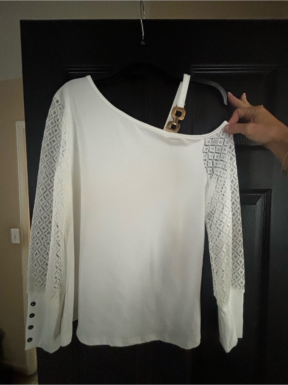 White One-Shoulder Lace Sleeve Women's Top
